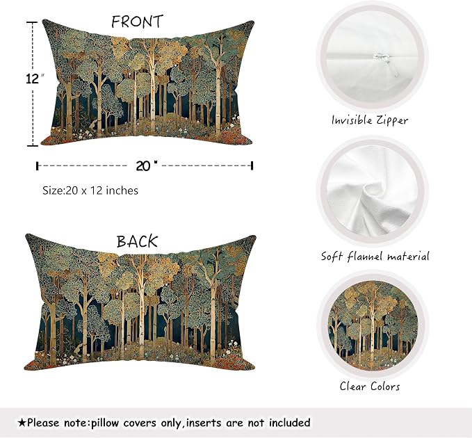 Rustic William Morris Inspired Forest Green Pillow Covers 12x20 Set of 2,Vintage Botanical Nature Landscape Decorative Throw Pillow Covers for Home Bedroom Living Room