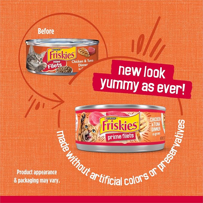 Friskies Purina Prime Filets Chicken and Tuna Dinner in Wet Cat Food Gravy - 5.5 oz. Cans (Pack of 48)
