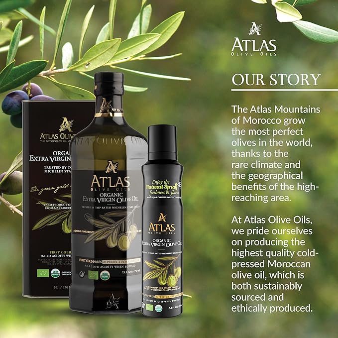 Olive Oil Spray by Atlas, Dual Function Olive Oil Cooking Spray and Stream, 5.4 fl oz, 2 Pack, Extra Virgin, Non Stick, Cold Pressed, Polyphenol Rich, Organic Moroccan EVOO, Hydroxytyrosol, Keto