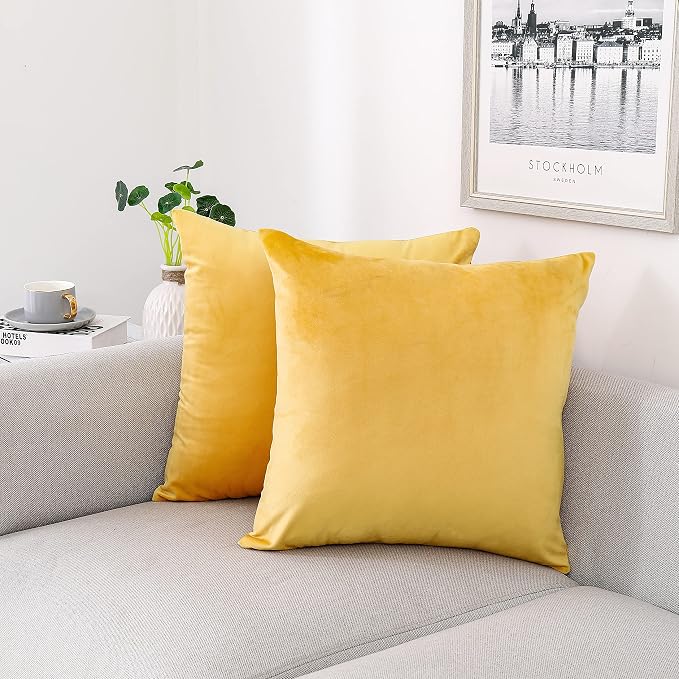 NiNi ALL Yellow Velvet Throw Pillow Covers 24x24 Pack of 2 Decorative Couch | Soft Solid Cushion Squar Pillow Cases for Chair Sofa Bedroom Farmhouse Living room Modern Luxury Home Decor Fall Halloween