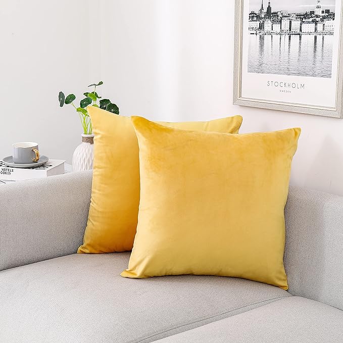 NiNi ALL Yellow Velvet Throw Pillow Covers 16x16 Pack of 2 Decorative Couch | Soft Solid Cushion Squar Pillow Cases for Chair Sofa Bedroom Farmhouse Living room Modern Luxury Home Decor Fall Halloween
