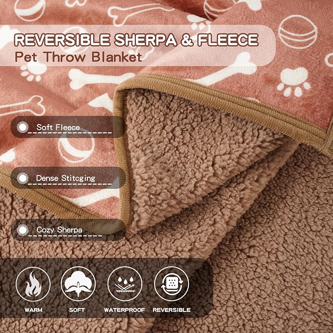 Washable Waterproof Dog Blankets for Large Dogs 50"x60" | Soft Fluffy Pet Blanket for Couch Sofa Car Crate, Bed Furniture Protector, Reversible Sherpa Fleece Dog Blanket, Light Brown