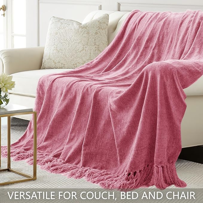 Chenille Throw Blanket for Couch 50" x 60", Rose Pink | Soft Cozy Warm Throws with Fringe Tassel, for Living Room Bed Sofa Chair Cover, Lightweight Knitted Decorative Boho Blankets