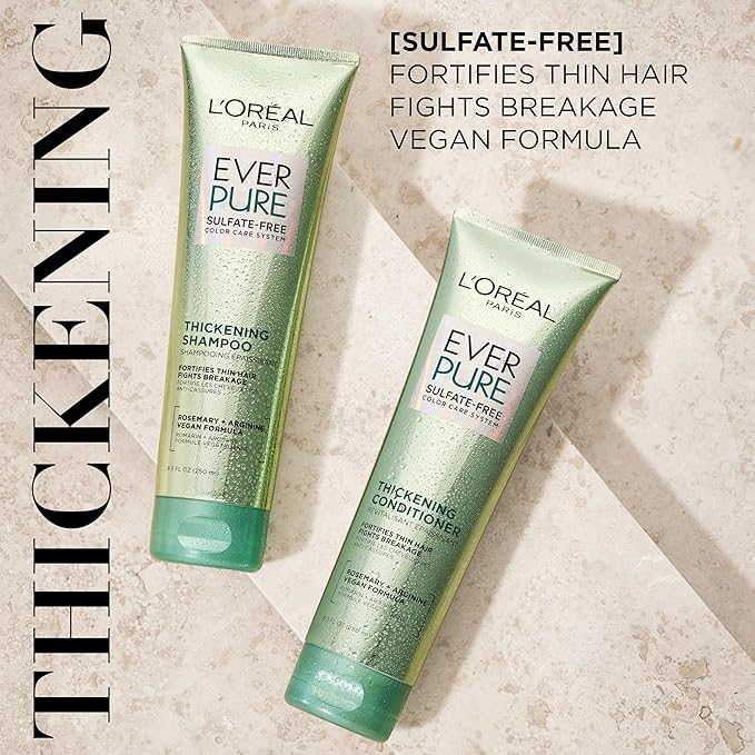 L'Oreal Paris Thickening Sulfate Free Shampoo, Thickens + Strengthens Thin, Fragile Hair, Hair Care with Rosemary Leaf, EverPure, 8.5 Fl Oz (Packaging May Vary)