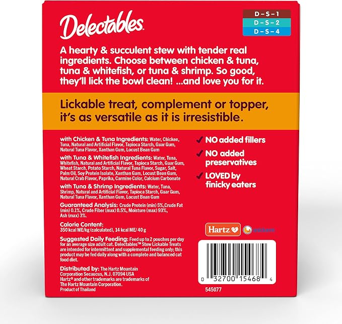 Delectables Lickable Treat Stew Wet Cat Treat Variety Pack, Food Topper, Hydrating, Grain-Free, No Fillers, No By-Products, No Added Preservatives, 1.4oz Pouch, 12ct