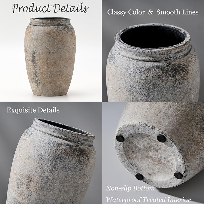 PORCER 8.2 Inch Ceramic Vase, Terracotta Rustic Vase Farmhouse Decorative Vase Boho Decor, Ceramic Vases for Home Decor, Living Room, Entryway, Floor, Holiday Wedding Christmas New Year Gifts - Gray