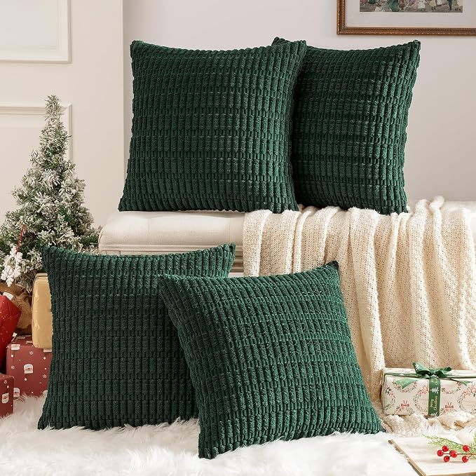 MIULEE Pack of 4 Christmas Decorative Throw Pillow Covers 20x20 Dark Green | Neutral Rustic Farmhouse Boho Soft Striped Pillow Covers,Home Decor for Sofa,Living Room,Couch,Bed