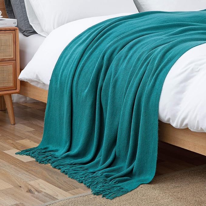 Vonty Teal Knitted Throw Blanket with Tassels Fringe, 50x60 Acrylic | Super Soft And Lightweight, Year-Round Cozy Warmth, Farmhouse Decorative Style, Machine Washable, for Couch, Sofa or Bed