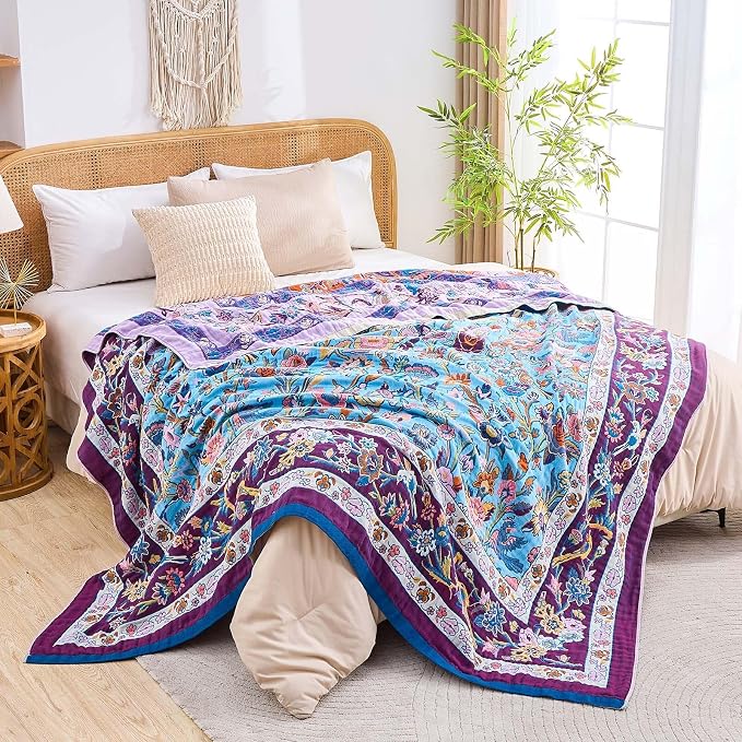 XIBLC Fall Blanket for Bed, 100% Cotton Soft Rustic Boho Throw Blanket Quilt, 50"x60" Farmhouse Decor Bed Flower Blankets, Light Weight Reversible Bohemian Throw Quilt