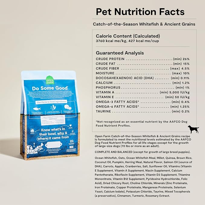 Open Farm Ancient Grains Dry Dog Food, Wild Caught Whitefish Kibble, 22lb | All Life Stages, All Breed Sizes, Protein-Rich & Nutrient Dense, 100% Traceable Ingredients, Non-GMO Fruits & Veggies.