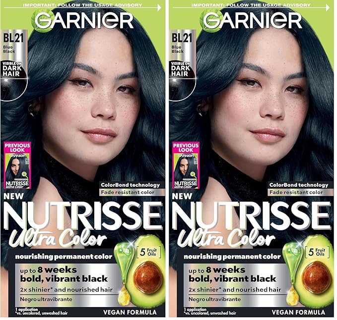 Garnier Hair Color Nutrisse Ultra Color Nourishing Creme, BL21 Reflective Blue Black (Blackberry Mojito) Permanent Hair Dye, 1 Count (Packaging May Vary) (Pack of 2)