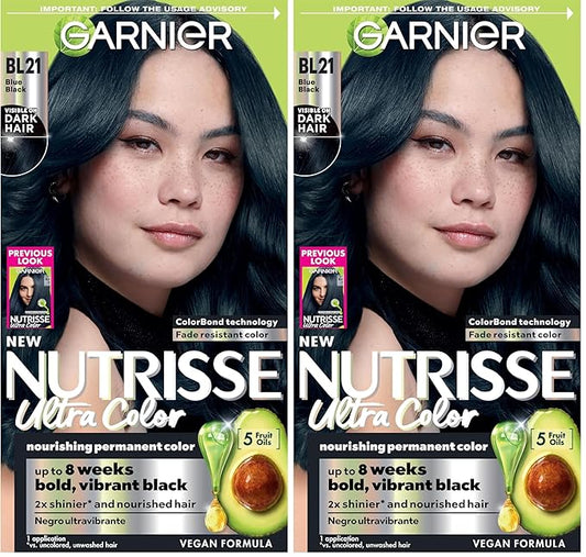 Garnier Hair Color Nutrisse Ultra Color Nourishing Creme, BL21 Reflective Blue Black (Blackberry Mojito) Permanent Hair Dye, 1 Count (Packaging May Vary) (Pack of 2)