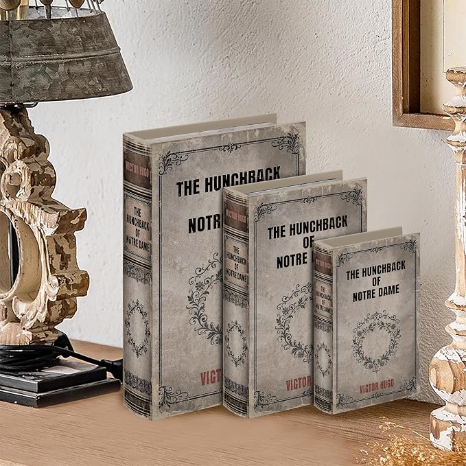 Vintage Faux Leather Decorative Book Box Set of 3 – Wooden Secret Storage Box with Magnetic Closure, Hidden Organizer for Bookshelf, Desk, or Office Decor (The Hunchback of Notre Dame)