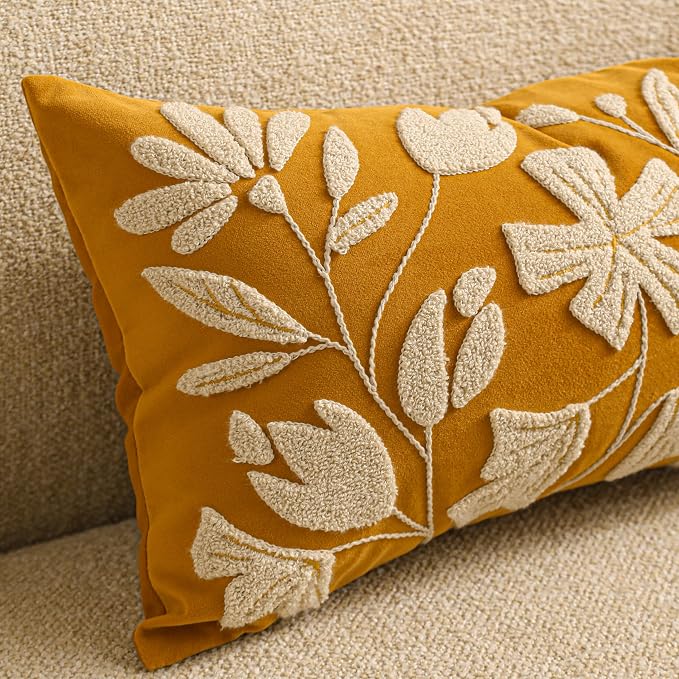 Long Lumbar Pillow Cover 14x36 for Bed, Mustard Floral Tufted Velvet Accent Oversize Throw Pillowcase for Bedroom, Cover Only