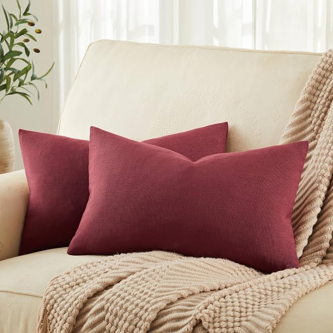 Rustic Linen Lumbar Pillow Covers Set of 2, Burgundy 12x20in | Textured Pillow Case, Rustic Cotton Linen Fabric, Modern Farmhouse Cushion Covers for Sofa Bed Living Room Home Decor