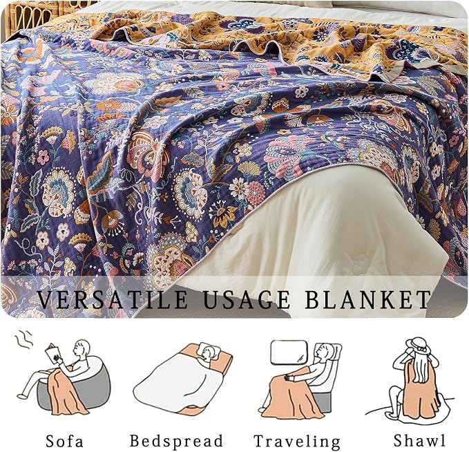 Boho Throw Blanket Farmhouse Decor Throw Blanket Bohemian Blanket for Bed 100% Cotton Muslin Woven Couch Blanket All Seasons Quilt Bedroom (H-Purple, 60"x80")