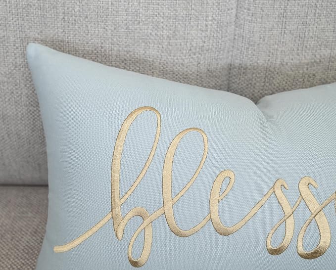 EURASIA DECOR Blessed Embroidered Lumbar Pillow Cover 12x20, Robins Egg | Raised tan script on robins egg; scripture faith gift, cotton, hidden zip, solid back, cover only