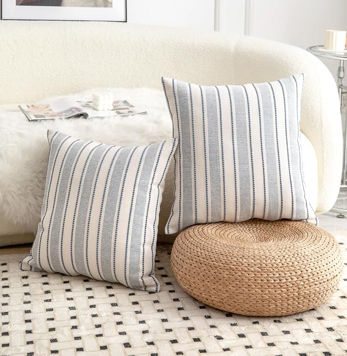 Cethom Decorative Boho Throw Pillow Covers, Farmhouse Textured Pillow Case, 20 x 20 Inch Set of 2, Chair Sofa Bedroom Living Room Home Decor Couch Cushion Case, Classic Blue and Beige Striped