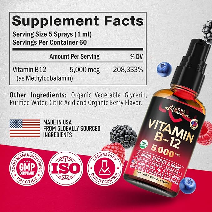 USDA Organic Vitamin B12 Sublingual Spray - 5000 mcg Liquid Vegan Methylcobalamin for Women & Men - Energy Boost, Focus & Mood, Brain Health Support - Maximize Absorption - 2 Month Supply, 2 fl oz