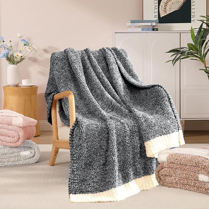 Soft Throw Blanket for Couch-Cozy Reversible Knitted Blankets | Lightweight Warm Fluffy Decor for Women, Mom, Her & Girls, Sofa, Chair, Bed, 50x60in, Cationic Dyeing Black