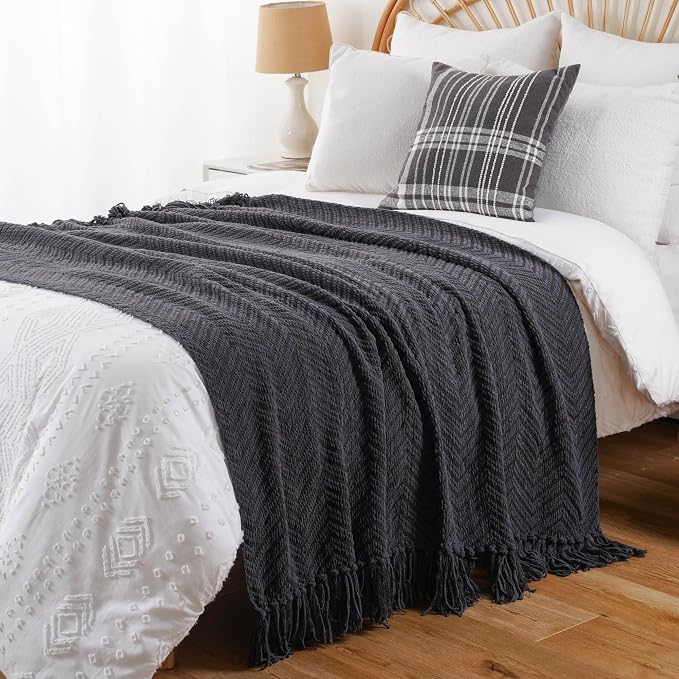 BATTILO HOME Dark Grey Throw Blanket for Couch, 50"x60" | Knit Charcoal Throw Blanket Versatile for Chair, Super Soft Warm Grey Blanket with Tassels for Bed, Sofa and Living Room