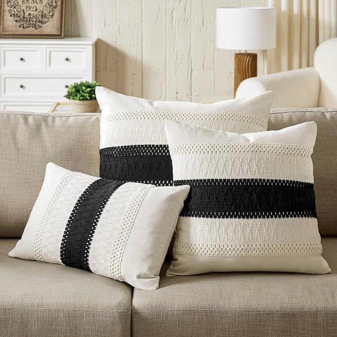 2 Pack Boho Throw Pillow Covers, Contrast Black 18x18in | Soft Breathable Cotton, Farmhouse Decorative Couch Pillow Cases, Cushion Covers for Sofa Bed Living Room Home Decor