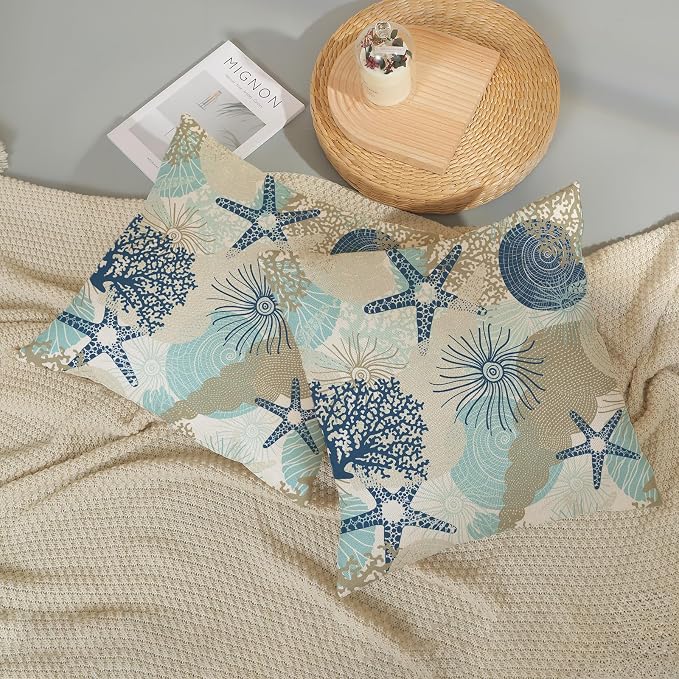 Nautical Coastal Pillow Covers 20x20 Set of 2 Beach Themed Ocean Throw Pillows Summer Starfish Seashell Decorations Pillowcase Linen Outdoor Decor Farmhouse Cushion Case for Home Bedroom