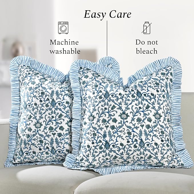 CPC Ocean Vine Hand Block Print 100% Cotton Ruffle Throw Pillow Cover 20x20 inch with Hidden Zipper Decorative for Couch, Bed, Sofa, Farmhouse, Cottagecore Decor Gift Christmas Fall Thanksgiving