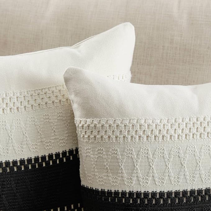 2 Pack Boho Throw Pillow Covers, Contrast Black 20x20in | Soft Breathable Cotton, Farmhouse Decorative Couch Pillow Cases, Cushion Covers for Sofa Bed Living Room Home Decor