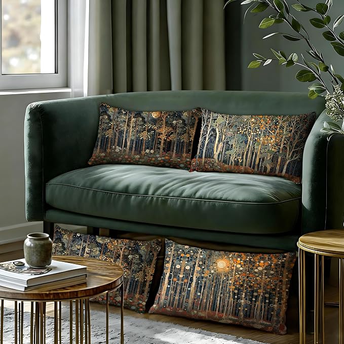 Rustic William Morris Inspired Forest Moon Pillow Covers 12x20 Set of 4,Vintage Botanical Nature Landscape Decorative Throw Pillow Covers for Home Bedroom Living Room,Fall Home Room Decor