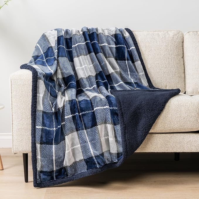 PAVILIA Plaid Sherpa Throw Blanket for Couch Sofa Bed, Navy Blue, 50x60 | GSM 460; Soft Plush Flannel Fleece; Warm&Cozy for Home; Machine Washable, Perfect Cabin Decor Winter Holiday Christmas Gift