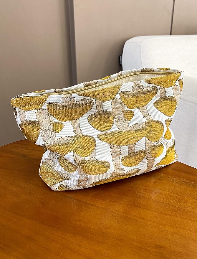 The Summer Swan | Floral Cosmetic Bag｜Large Aesthetic Travel Makeup and Personal Item Pouch For Purse | Skincare Bag (Mushroom Yellow)