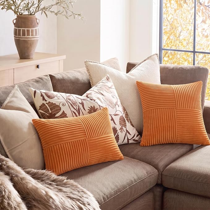 Fancy Homi Orange Long Lumbar Decorative Throw Pillow Covers 12x24 Inch for Couch Bed Sofa, Rustic Farmhouse Boho Home Decor, Soft Striped Corduroy Rectangle Accent Cushion Case 30x60 cm