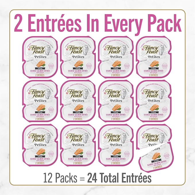 Purina Fancy Feast Petites Seared Salmon Wet Cat Food, 2.8 oz, 12-Pack | 24 single servings made with Seared Salmon with Spinach. No artificial colors or preservatives. Conveinent break-apart tubs
