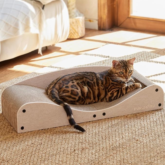 FUKUMARU Cardboard Cat Scratcher Bed, Extra Large 29.1 Inch Cat Scratch Pad | Cat Scratching Bed Couch Indoor, Natural Felt Multifunctional, Horizontal Kitten Scratch Bed Lounger With Ball Toy, Camel