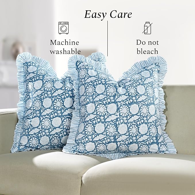CPC Blue Meadow Hand Block Print 100% Cotton Ruffle Throw Pillow Cover 18x18 inch with Hidden Zipper Decorative for Couch, Bed, Sofa, Farmhouse, Cottagecore Decor Gift Christmas Fall Thanksgiving