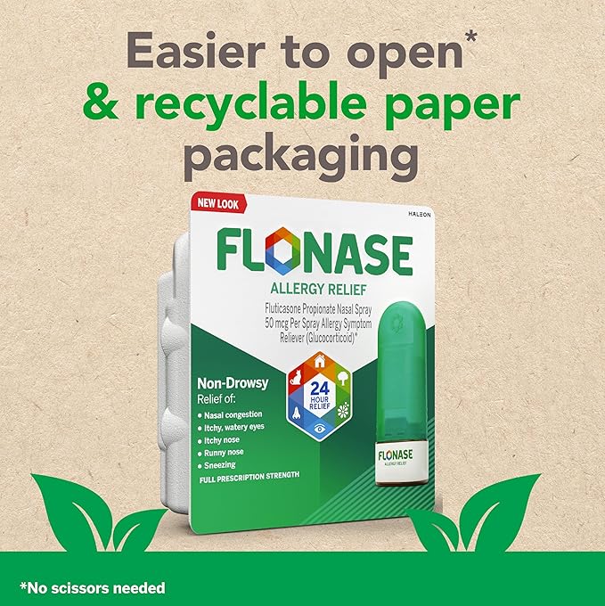 Flonase Allergy Relief Nasal Spray, 24-Hour Non-Drowsy Multi-Symptom Relief – 144 Sprays (Pack of 2) plus Bonus Pack of Tissues