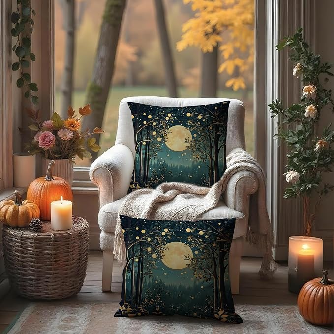 Rustic William Morris Inspired Night Moon Forest Decor Pillow Covers 18x18 Set of 2,Vintage Black and Gold Nature Landscape Botanical Decorative Throw Pillow Covers for Home Bedroom Living Room