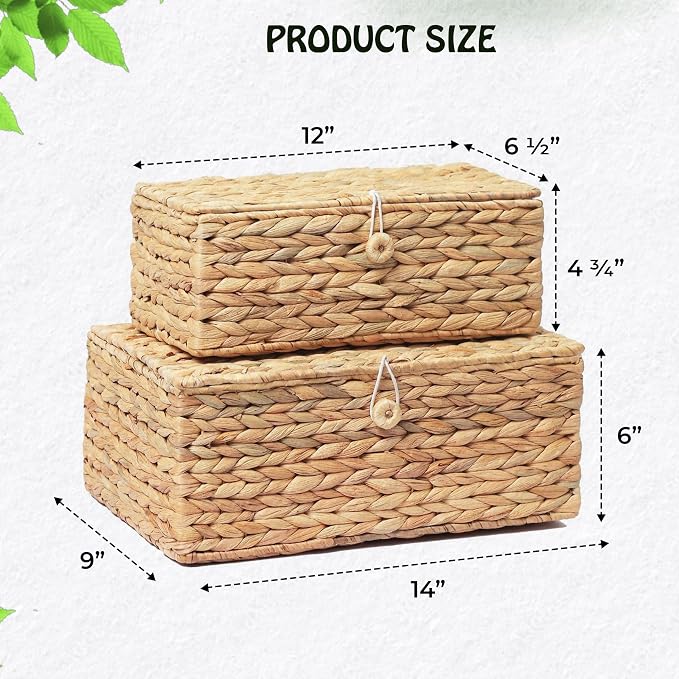 LUSYDECO Set of 2 Rectangular Wicker Storage Bins with Lid, Rattan Basket Decorative Boxes, Multipurpose Organizer Display Boxes for Shelf Organizer, Boho Rattan Box for Home Decoration