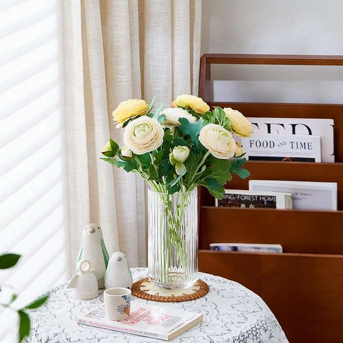 Clear Glass Flower Vase for Pampas Grass, 7.5 inch Medium Decorative Centerpiece Ribbed Vase for Dining Table, Office Desktop, Shelf Bookshelf, Mantel, Entryway, Bathroom, Countertop, Farmhouse, Gift