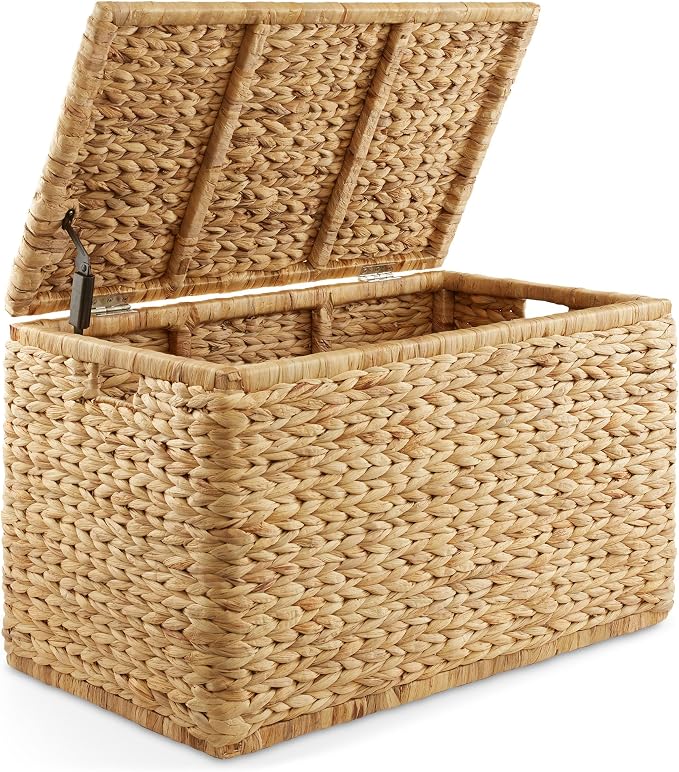 Casafield 30" Storage Chest with Lid, Handles, and Safety Hinge - Natural, Water Hyacinth Wicker Storage Trunk for Entry Way, Living Room, Bedroom