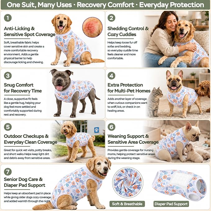 PetWarm Dog Spay Recovery Suit, Onesies for Dogs, Surgery Suit for Dogs Female After Spayed, Dog Cone Alternative After Surgery, Flower Pattern, Orange, XS