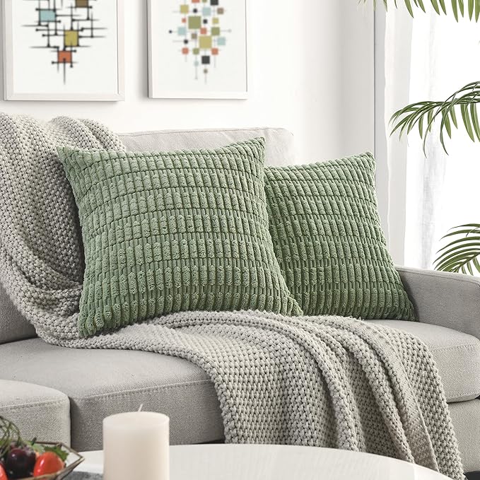 Volcanics Pack of 2 Sage Green Decorative Throw Pillow Covers 24x24 Inch | Soft Corduroy Striped Square Cushion Cases, Modern Farmhouse Boho Home Decor for Spring Couch Bed Sofa Living Room