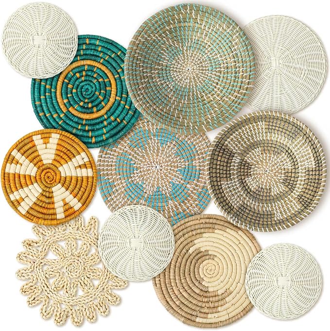 Tatuo 11 Pcs Boho Wall Basket Decor Bulrush Woven Wall Hanging Art Round Farmhouse Rustic Handmade Wicker for Summer Home, Bedroom, Living Room, Kitchen Decorations, Multi Sizes(Bright)