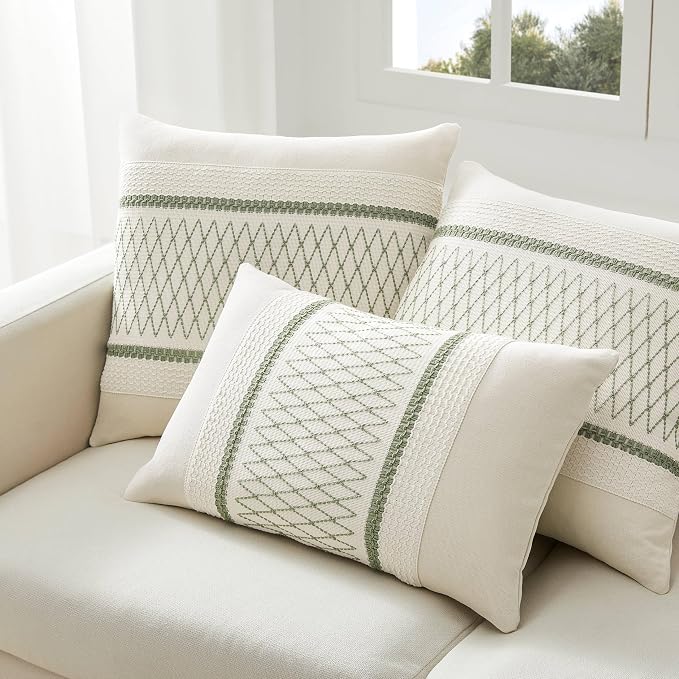 2 Pack Boho Throw Pillow Covers, Grid Green 16x16in | Soft Breathable Cotton, Farmhouse Decorative Couch Pillow Cases, Cushion Covers for Sofa Bed Living Room Home Decor