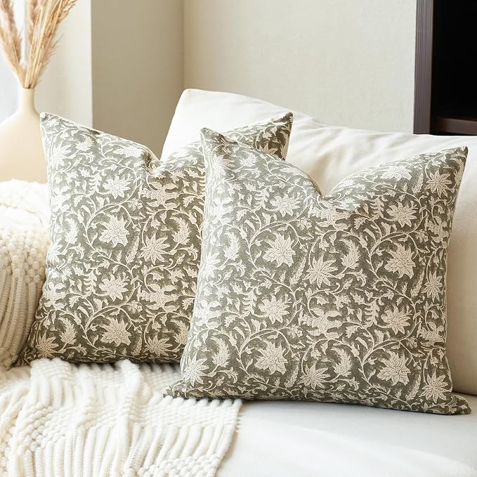 FIOUOVO Floral Throw Pillow Covers 24x24 Farmhouse Block Print Pillow Covers Decorative Pillow Covers Couch Pillows for Living Room Vintage Accent Sofa Pillows Set of 2, Olive Green