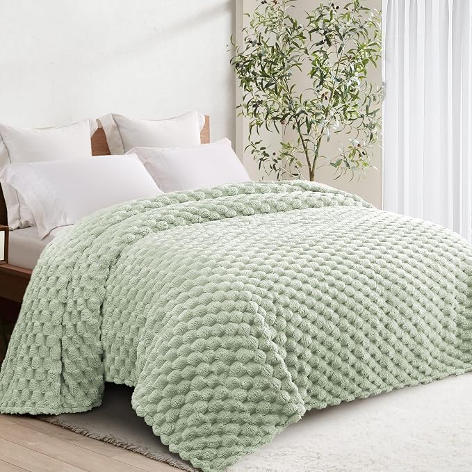 Whale Flotilla Soft Fleece Queen Size Bed Blanket 3D Jacquard, Sage Green | Lightweight Breathable Coverlet Bedspread for All Seasons, Super Cozy Plush Fluffy Fuzzy Decorative Blanket for Bed, 90"x90"