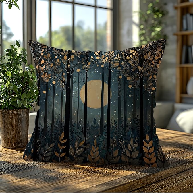 Rustic William Morris Style Black Moon Pillow Covers 18x18,Vintage Black and Gold Forest Moon Botanical Nature Landscape Decorative Throw Pillow Covers for Home Bedroom Living Room
