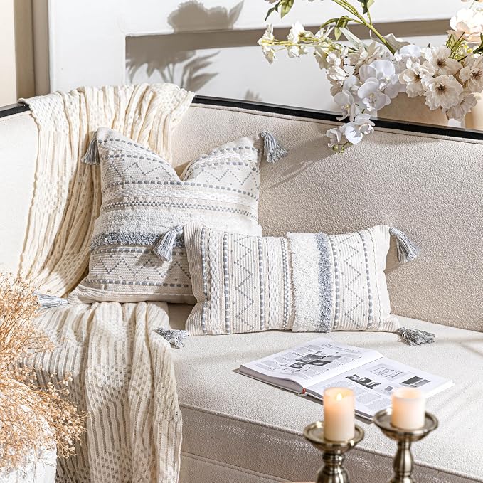 18X18 Throw Pillow Cover, Cream Neutral Square Decorative Cushion Cover with Gray Pattern, Boho Accent Pillowcase with Tufted Details and Tassels for Couch Sofa Living Room (Cover Only)