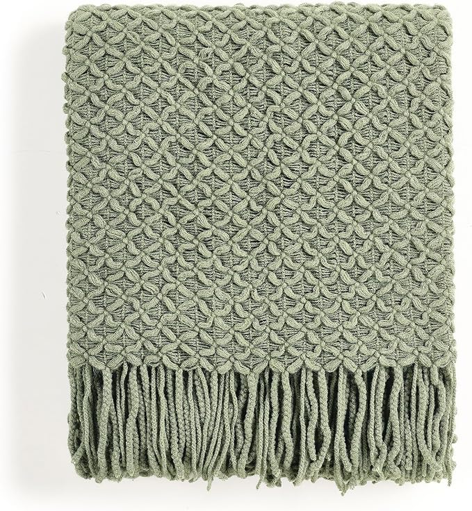 CREVENT Farmhouse Boho Knitted Throw Blanket for Couch Sofa Chair Bed Home Decoration, Soft Warm Cozy Light Weight for Spring Summer Fall (50''X60'' Sage Green)